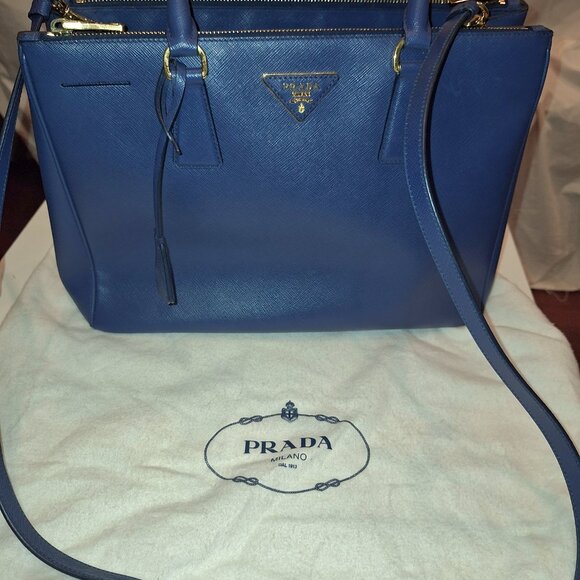 Blue Prada Saffiano Galleria Double Zip Leather Tote/Purse - Picture 1 of 8
